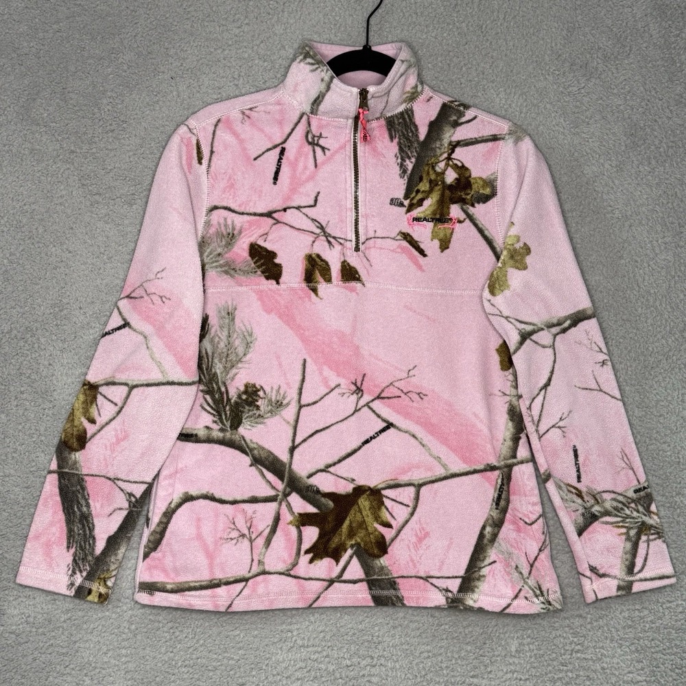 Realtree Women's Pink Camo 1/4 Zip Fleece Jacket Small Logo Leaves Pockets